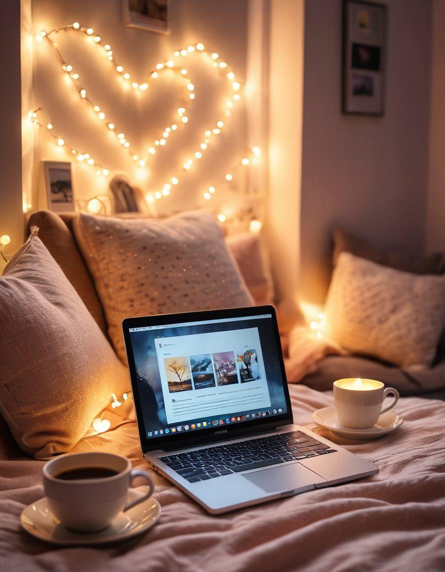 A cozy setting with a stack of romantic novels, an open laptop displaying a heart-shaped graphic, and a steaming cup of coffee. Soft fairy lights twinkling in the background and cushions scattered around to create a welcoming atmosphere. A couple watching a romantic series on a screen, deeply engrossed in each other's eyes. pastel colors. soft focus. warm lighting.