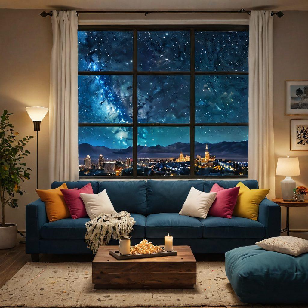 A cozy living room setting with a plush sofa adorned with colorful throw pillows, a large screen displaying a romantic series in soft warm lighting, popcorn bowls on a coffee table, and a window showing a starry night outside. The atmosphere is inviting, suggesting relaxation and intimacy. super-realistic. vibrant colors. warm lighting.