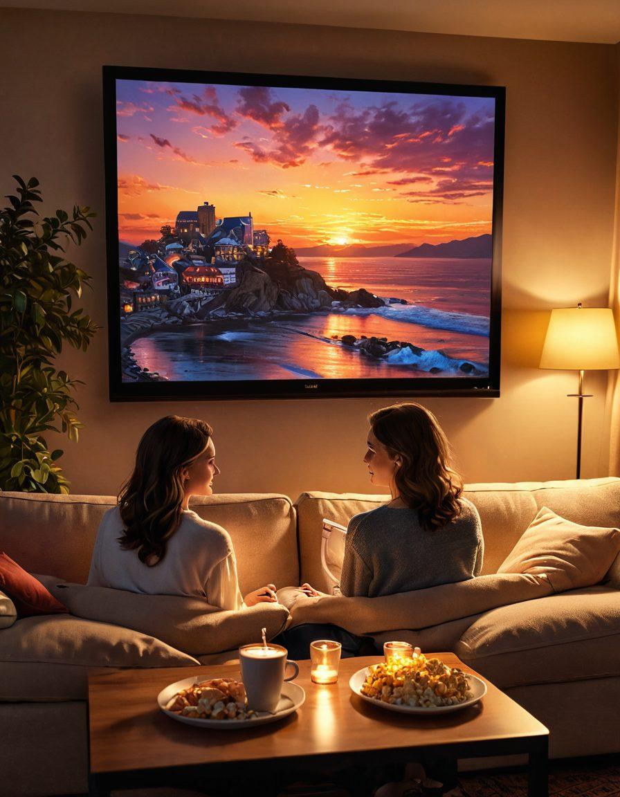 A cozy living room scene with a couple snuggled on a sofa, watching a romantic show on a large screen. Soft, ambient lighting creates a warm atmosphere, with popcorn and drinks on a coffee table. In the background, a wall decorated with posters of popular romantic shows. A window shows a beautiful sunset. super-realistic. vibrant colors. warm tones.